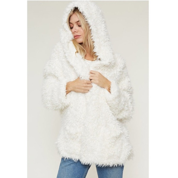 Ivory Faux Fur Sherpa Hoodie Jacket Cardigan Coat - Picture 6 of 7